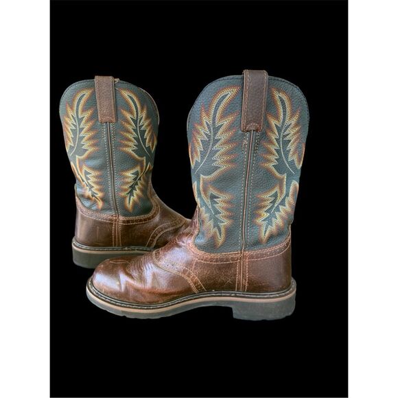 Justin Stampede Boots Work Mens 9.5 Brown Black WK4665 Leather Western Cowboy - Picture 7 of 16